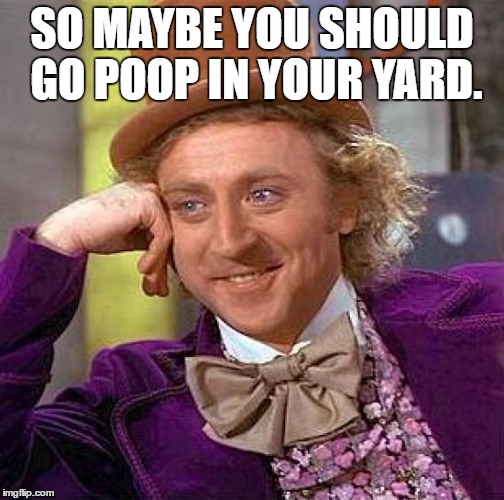 Creepy Condescending Wonka Meme | SO MAYBE YOU SHOULD GO POOP IN YOUR YARD. | image tagged in memes,creepy condescending wonka | made w/ Imgflip meme maker