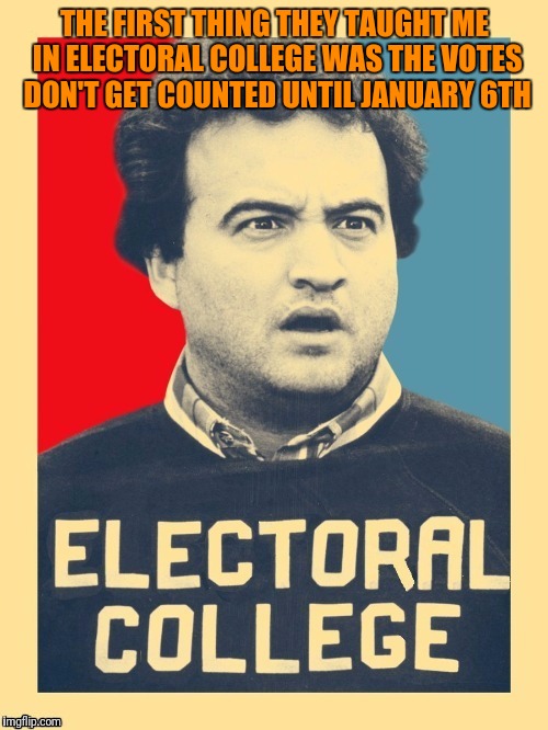 THE FIRST THING THEY TAUGHT ME IN ELECTORAL COLLEGE WAS THE VOTES DON'T GET COUNTED UNTIL JANUARY 6TH | made w/ Imgflip meme maker
