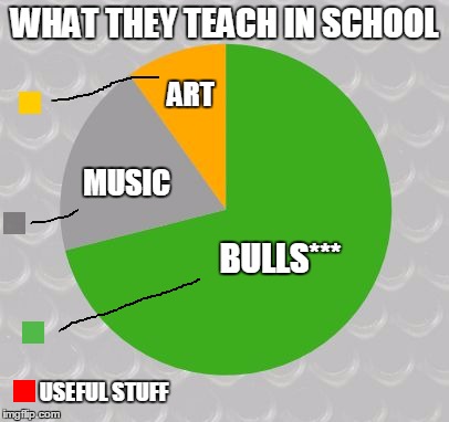 Pie chart | WHAT THEY TEACH IN SCHOOL; ART; MUSIC; BULLS***; USEFUL STUFF | image tagged in pie chart,memes,school | made w/ Imgflip meme maker