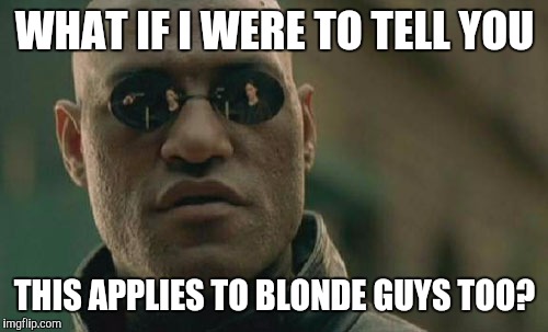 Matrix Morpheus Meme | WHAT IF I WERE TO TELL YOU THIS APPLIES TO BLONDE GUYS TOO? | image tagged in memes,matrix morpheus | made w/ Imgflip meme maker