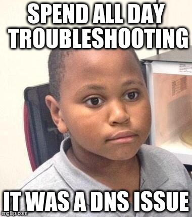 Minor Mistake Marvin Meme | SPEND ALL DAY TROUBLESHOOTING; IT WAS A DNS ISSUE | image tagged in memes,minor mistake marvin | made w/ Imgflip meme maker