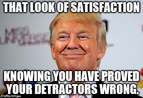 Donald trump approves | THAT LOOK OF SATISFACTION; KNOWING YOU HAVE PROVED YOUR DETRACTORS WRONG. | image tagged in donald trump approves | made w/ Imgflip meme maker