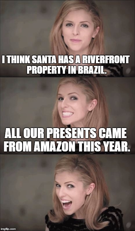 Bad Pun Anna Kendrick | I THINK SANTA HAS A RIVERFRONT PROPERTY IN BRAZIL. ALL OUR PRESENTS CAME FROM AMAZON THIS YEAR. | image tagged in memes,bad pun anna kendrick,funny,christmas,santa,amazon | made w/ Imgflip meme maker