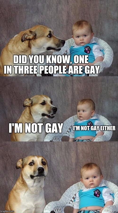 Dad Joke Dog Meme | DID YOU KNOW, ONE IN THREE PEOPLE ARE GAY; I'M NOT GAY; I'M NOT GAY EITHER | image tagged in memes,dad joke dog | made w/ Imgflip meme maker