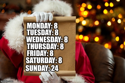 Santa's Time Sheet this week | MONDAY: 8; TUESDAY: 8; WEDNESDAY: 8; THURSDAY: 8; FRIDAY: 8; SATURDAY: 8; SUNDAY: 24 | image tagged in santa's list,christmas | made w/ Imgflip meme maker