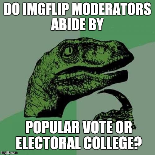 Philosoraptor | DO IMGFLIP MODERATORS ABIDE BY; POPULAR VOTE OR ELECTORAL COLLEGE? | image tagged in memes,philosoraptor | made w/ Imgflip meme maker