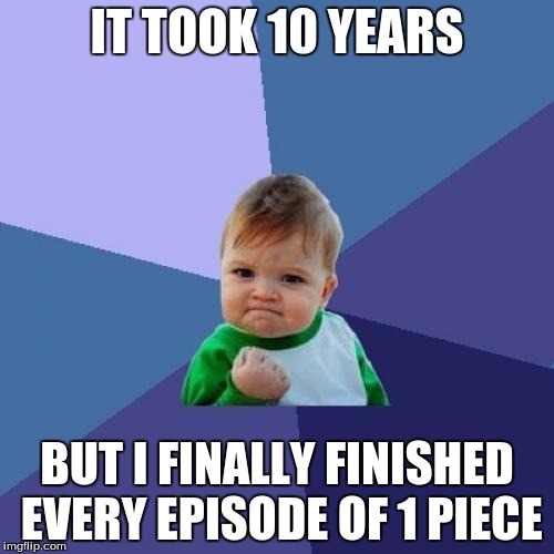 Success Kid | IT TOOK 10 YEARS; BUT I FINALLY FINISHED EVERY EPISODE OF 1 PIECE | image tagged in memes,success kid | made w/ Imgflip meme maker