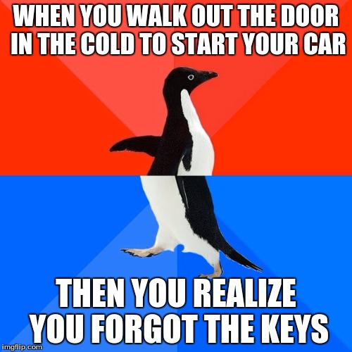 Socially Awesome Awkward Penguin | WHEN YOU WALK OUT THE DOOR IN THE COLD TO START YOUR CAR; THEN YOU REALIZE YOU FORGOT THE KEYS | image tagged in memes,socially awesome awkward penguin | made w/ Imgflip meme maker