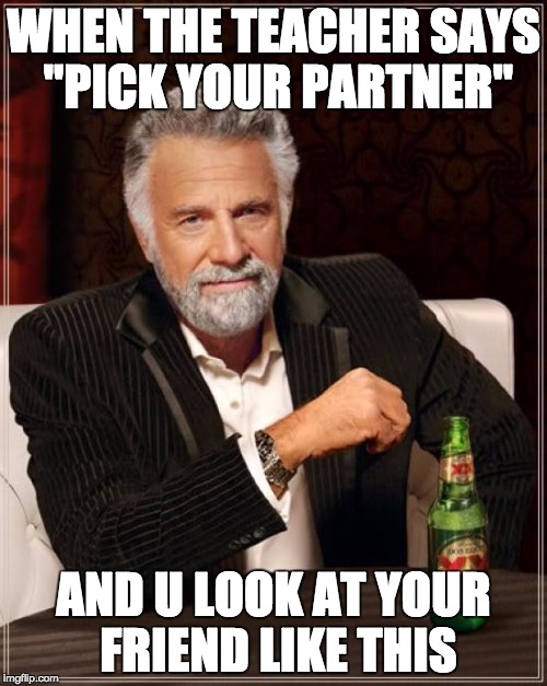 The Most Interesting Man In The World | WHEN THE TEACHER SAYS "PICK YOUR PARTNER"; AND U LOOK AT YOUR FRIEND LIKE THIS | image tagged in memes,the most interesting man in the world | made w/ Imgflip meme maker