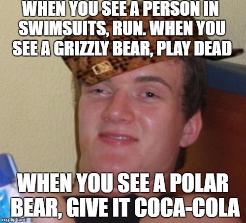 10 Guy Meme | WHEN YOU SEE A PERSON IN SWIMSUITS, RUN. WHEN YOU SEE A GRIZZLY BEAR, PLAY DEAD; WHEN YOU SEE A POLAR BEAR, GIVE IT COCA-COLA | image tagged in memes,10 guy,scumbag | made w/ Imgflip meme maker