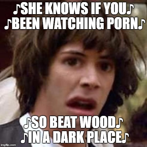 Conspiracy Keanu Distorted | ♪SHE KNOWS IF YOU♪ ♪BEEN WATCHING PORN♪ ♪SO BEAT WOOD♪ ♪IN A DARK PLACE♪ | image tagged in conspiracy keanu distorted | made w/ Imgflip meme maker