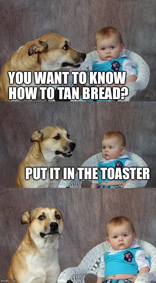 Bread also has a tanning bed | YOU WANT TO KNOW HOW TO TAN BREAD? PUT IT IN THE TOASTER | image tagged in memes,dad joke dog,bread,toaster | made w/ Imgflip meme maker
