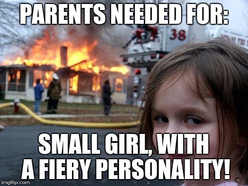 Disaster Girl Meme | PARENTS NEEDED FOR: SMALL GIRL, WITH A FIERY PERSONALITY! | image tagged in memes,disaster girl | made w/ Imgflip meme maker