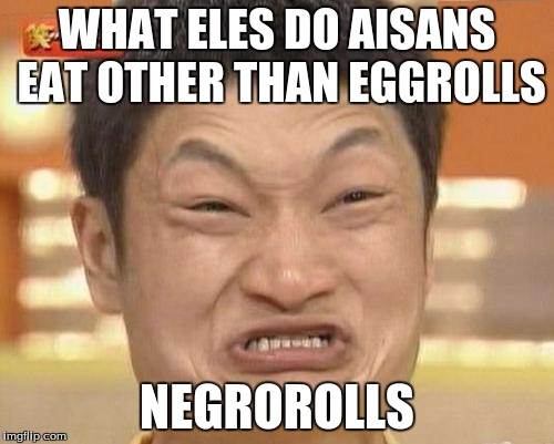Impossibru Guy Original | WHAT ELES DO AISANS EAT OTHER THAN EGGROLLS; NEGROROLLS | image tagged in memes,impossibru guy original | made w/ Imgflip meme maker