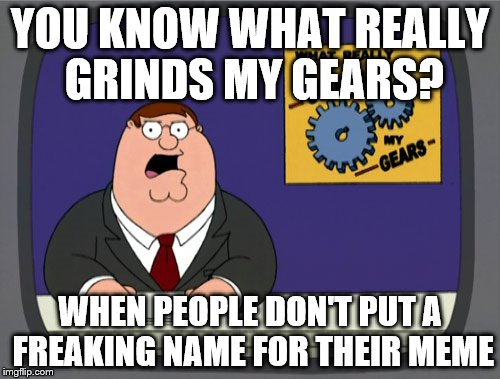 NAME THE MEMES!!!!
 | YOU KNOW WHAT REALLY GRINDS MY GEARS? WHEN PEOPLE DON'T PUT A FREAKING NAME FOR THEIR MEME | image tagged in memes,peter griffin news | made w/ Imgflip meme maker