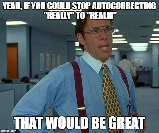Screw texting autocorrect, amirite? | YEAH, IF YOU COULD STOP AUTOCORRECTING "REALLY" TO "REALM"; THAT WOULD BE GREAT | image tagged in memes,that would be great | made w/ Imgflip meme maker