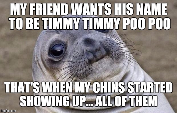 Awkward Moment Sealion | MY FRIEND WANTS HIS NAME TO BE TIMMY TIMMY POO POO; THAT'S WHEN MY CHINS STARTED SHOWING UP... ALL OF THEM | image tagged in memes,awkward moment sealion | made w/ Imgflip meme maker