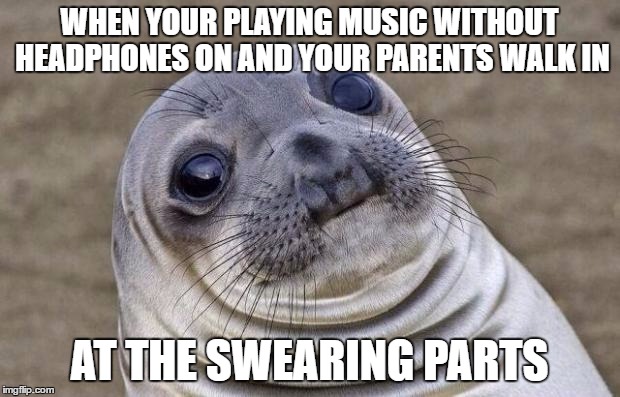 Awkward Moments that happen to the best of us.
 | WHEN YOUR PLAYING MUSIC WITHOUT HEADPHONES ON AND YOUR PARENTS WALK IN; AT THE SWEARING PARTS | image tagged in memes,awkward moment sealion | made w/ Imgflip meme maker