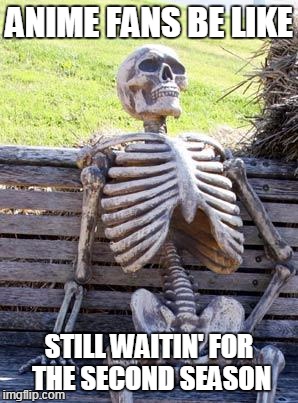 Waiting Skeleton | ANIME FANS BE LIKE; STILL WAITIN' FOR THE SECOND SEASON | image tagged in memes,waiting skeleton | made w/ Imgflip meme maker