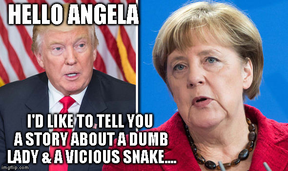 Trump Merkel | HELLO ANGELA; I'D LIKE TO TELL YOU A STORY ABOUT A DUMB LADY & A VICIOUS SNAKE.... | image tagged in trump merkel | made w/ Imgflip meme maker