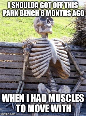 Taking procrastination juuust a lil to far LOL | I SHOULDA GOT OFF THIS PARK BENCH 6 MONTHS AGO; WHEN I HAD MUSCLES TO MOVE WITH | image tagged in memes,waiting skeleton | made w/ Imgflip meme maker