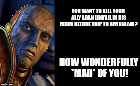 YOU WANT TO KILL YOUR ALLY ARAN LINVAIL IN HIS ROOM BEFORE TRIP TO BRYNNLAW? HOW WONDERFULLY *MAD* OF YOU! | made w/ Imgflip meme maker