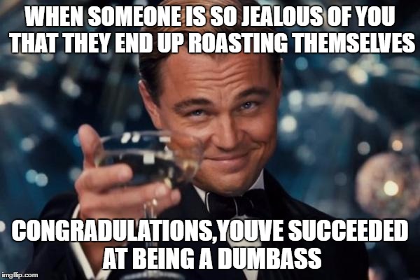 Leonardo Dicaprio Cheers Meme | WHEN SOMEONE IS SO JEALOUS OF YOU THAT THEY END UP ROASTING THEMSELVES; CONGRADULATIONS,YOUVE SUCCEEDED AT BEING A DUMBASS | image tagged in memes,leonardo dicaprio cheers | made w/ Imgflip meme maker
