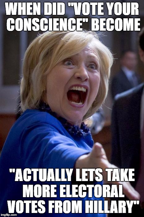 WTF Hillary | WHEN DID "VOTE YOUR CONSCIENCE" BECOME; "ACTUALLY LETS TAKE MORE ELECTORAL VOTES FROM HILLARY" | image tagged in wtf hillary,clinton,trump,libertarian | made w/ Imgflip meme maker