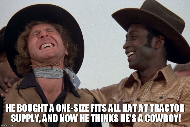 blazing saddles | HE BOUGHT A ONE-SIZE FITS ALL HAT AT TRACTOR SUPPLY, AND NOW HE THINKS HE'S A COWBOY! | image tagged in blazing saddles | made w/ Imgflip meme maker