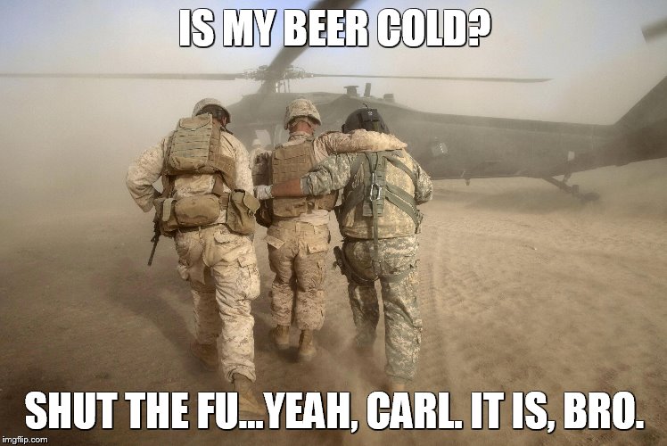 Already Rescued Marines Yesterday | IS MY BEER COLD? SHUT THE FU...YEAH, CARL. IT IS, BRO. | image tagged in already rescued marines yesterday | made w/ Imgflip meme maker