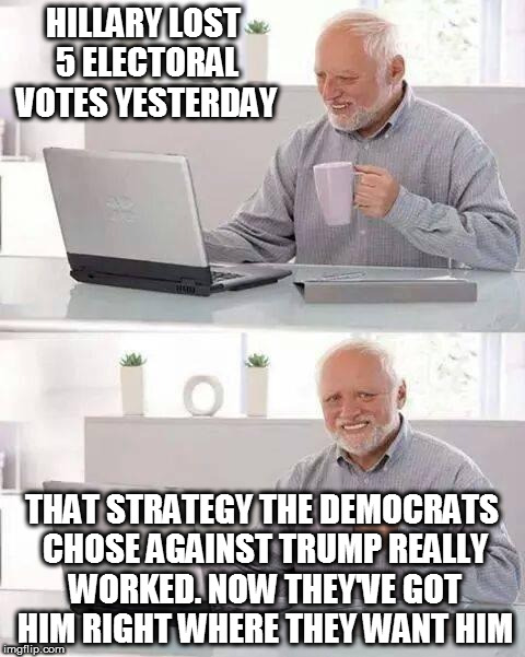 Hide the Pain Harold | HILLARY LOST 5 ELECTORAL VOTES YESTERDAY; THAT STRATEGY THE DEMOCRATS CHOSE AGAINST TRUMP REALLY WORKED. NOW THEY'VE GOT HIM RIGHT WHERE THEY WANT HIM | image tagged in memes,hide the pain harold | made w/ Imgflip meme maker