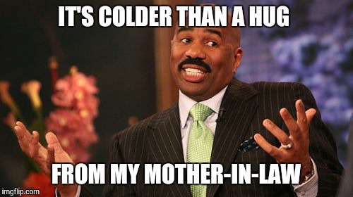 East coast winter  | IT'S COLDER THAN A HUG; FROM MY MOTHER-IN-LAW | image tagged in memes,steve harvey | made w/ Imgflip meme maker