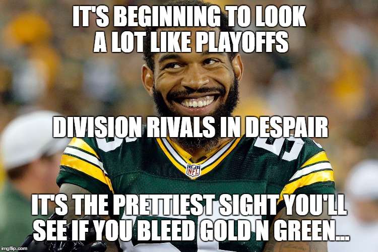 Packers Christmas | IT'S BEGINNING TO LOOK A LOT LIKE PLAYOFFS; DIVISION RIVALS IN DESPAIR; IT'S THE PRETTIEST SIGHT YOU'LL SEE IF YOU BLEED GOLD N GREEN... | image tagged in green bay packers,minnesota vikings,detroit lions,nfl memes,playoffs,funny memes | made w/ Imgflip meme maker