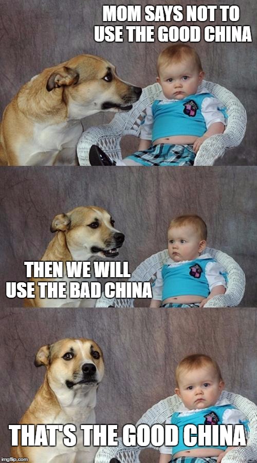 Dad Joke Dog | MOM SAYS NOT TO USE THE GOOD CHINA; THEN WE WILL USE THE BAD CHINA; THAT'S THE GOOD CHINA | image tagged in memes,dad joke dog,funny dog memes,funny memes,made in china | made w/ Imgflip meme maker