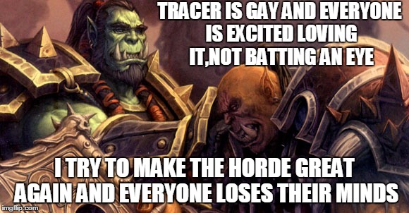 TRACER IS GAY AND EVERYONE IS EXCITED LOVING IT,NOT BATTING AN EYE; I TRY TO MAKE THE HORDE GREAT AGAIN AND EVERYONE LOSES THEIR MINDS | image tagged in garrosh sad | made w/ Imgflip meme maker