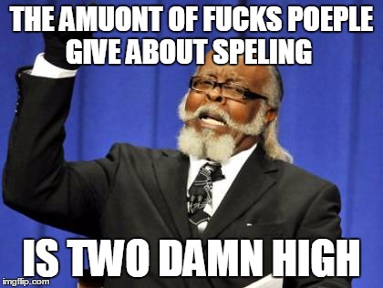 THE AMUONT OF F**KS POEPLE GIVE ABOUT SPELING IS TWO DAMN HIGH | image tagged in memes,too damn high | made w/ Imgflip meme maker