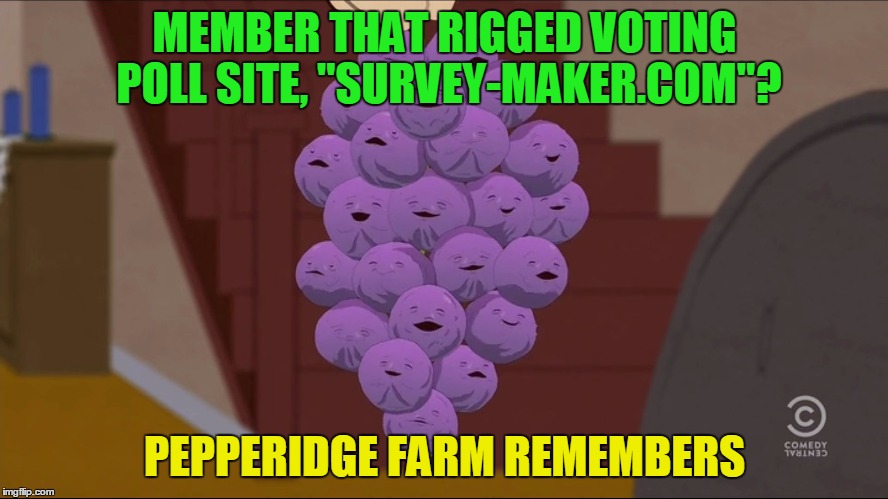 Member Berries | MEMBER THAT RIGGED VOTING POLL SITE, "SURVEY-MAKER.COM"? PEPPERIDGE FARM REMEMBERS | image tagged in memes,member berries | made w/ Imgflip meme maker