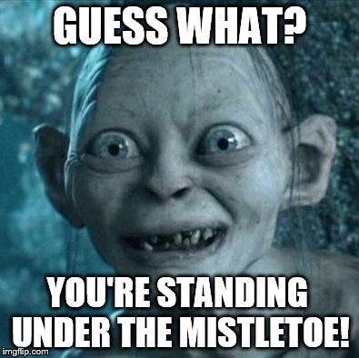 Mistletoe Gollum says "Give me a kiss. You're my new 'Precious'!" | GUESS WHAT? YOU'RE STANDING UNDER THE MISTLETOE! | image tagged in memes,gollum,christmas,romantic kiss,kisses,true love | made w/ Imgflip meme maker