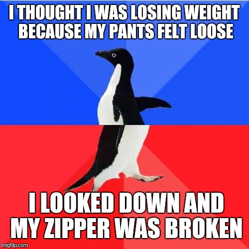 Socially Awkward Awesome Penguin | I THOUGHT I WAS LOSING WEIGHT BECAUSE MY PANTS FELT LOOSE; I LOOKED DOWN AND MY ZIPPER WAS BROKEN | image tagged in memes,socially awkward awesome penguin | made w/ Imgflip meme maker