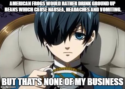 AMERICAN FROGS WOULD RATHER DRINK GROUND UP BEANS WHICH CAUSE NAUSEA, HEADACHES AND VOMITING. BUT THAT'S NONE OF MY BUSINESS | image tagged in anime | made w/ Imgflip meme maker