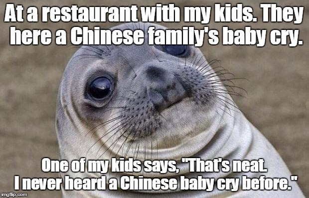 Awkward Moment Sealion Meme | At a restaurant with my kids. They here a Chinese family's baby cry. One of my kids says, "That's neat. I never heard a Chinese baby cry before." | image tagged in memes,awkward moment sealion | made w/ Imgflip meme maker