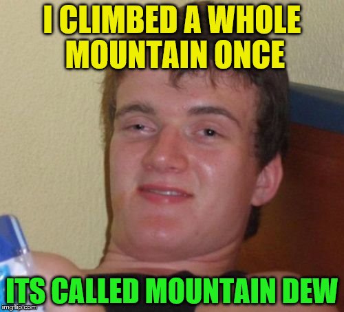 10 Guy Meme | I CLIMBED A WHOLE MOUNTAIN ONCE; ITS CALLED MOUNTAIN DEW | image tagged in memes,10 guy | made w/ Imgflip meme maker