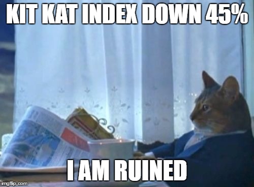 I Should Buy A Boat Cat Meme | KIT KAT INDEX DOWN 45%; I AM RUINED | image tagged in memes,i should buy a boat cat | made w/ Imgflip meme maker