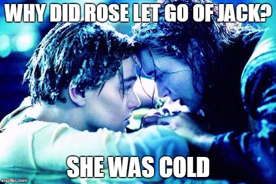 Titanic Raft | WHY DID ROSE LET GO OF JACK? SHE WAS COLD | image tagged in titanic raft | made w/ Imgflip meme maker