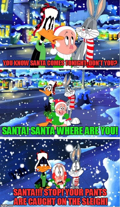 cheesy but in the spirit of the season (thanks to TammyFaye for 'exposing' the template) | YOU KNOW SANTA COMES TONIGHT, DON'T YOU? SANTA! SANTA WHERE ARE YOU! SANTA!!! STOP! YOUR PANTS ARE CAUGHT ON THE SLEIGH! | image tagged in memes,christmas memes,looney tunes,santa | made w/ Imgflip meme maker