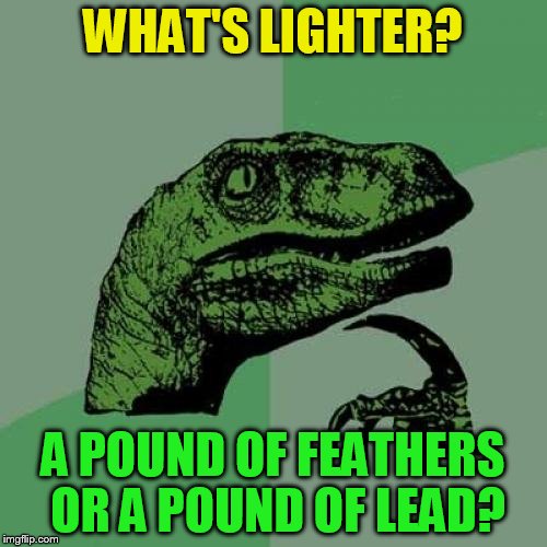 Philosoraptor Meme | WHAT'S LIGHTER? A POUND OF FEATHERS OR A POUND OF LEAD? | image tagged in memes,philosoraptor | made w/ Imgflip meme maker