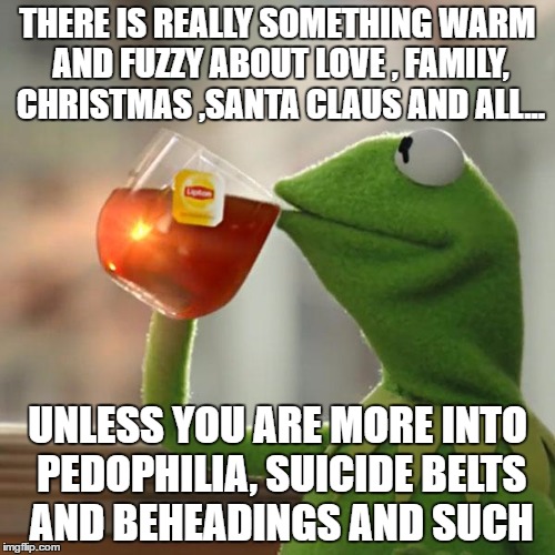 But That's None Of My Business Meme | THERE IS REALLY SOMETHING WARM AND FUZZY ABOUT LOVE , FAMILY, CHRISTMAS ,SANTA CLAUS AND ALL... UNLESS YOU ARE MORE INTO PEDOPHILIA, SUICIDE BELTS AND BEHEADINGS AND SUCH | image tagged in memes,but thats none of my business,kermit the frog | made w/ Imgflip meme maker