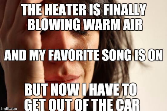 First World Problems Meme | THE HEATER IS FINALLY BLOWING WARM AIR BUT NOW I HAVE TO GET OUT OF THE CAR AND MY FAVORITE SONG IS ON | image tagged in memes,first world problems | made w/ Imgflip meme maker