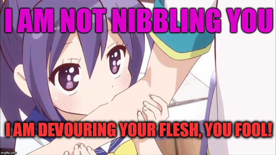 loli bite of deadly cuteness | I AM NOT NIBBLING YOU; I AM DEVOURING YOUR FLESH, YOU FOOL! | image tagged in loli bite of deadly cuteness | made w/ Imgflip meme maker