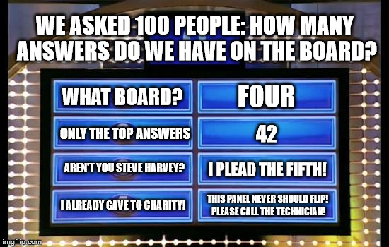 A normal day at Family Feud | WE ASKED 100 PEOPLE: HOW MANY ANSWERS DO WE HAVE ON THE BOARD? FOUR; WHAT BOARD? ONLY THE TOP ANSWERS; 42; AREN'T YOU STEVE HARVEY? I PLEAD THE FIFTH! I ALREADY GAVE TO CHARITY! THIS PANEL NEVER SHOULD FLIP! PLEASE CALL THE TECHNICIAN! | image tagged in family feud | made w/ Imgflip meme maker